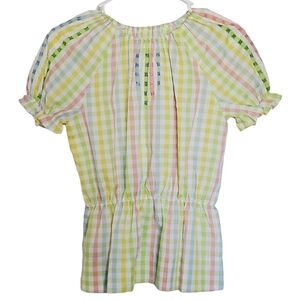 1388 * Girls Checkered Blouse Green Yellow Size Unknown Hsndmade Vintage